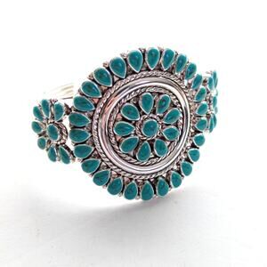 Southwestern Style Faux Turquoise Silver Tone Floral Burst Western Cuff Bracelet